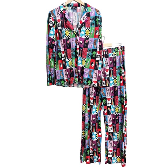 Dressed In Lala Plisse Two Piece Shirt Pants Set Be Yourself Patchwork - Picture 3 of 11